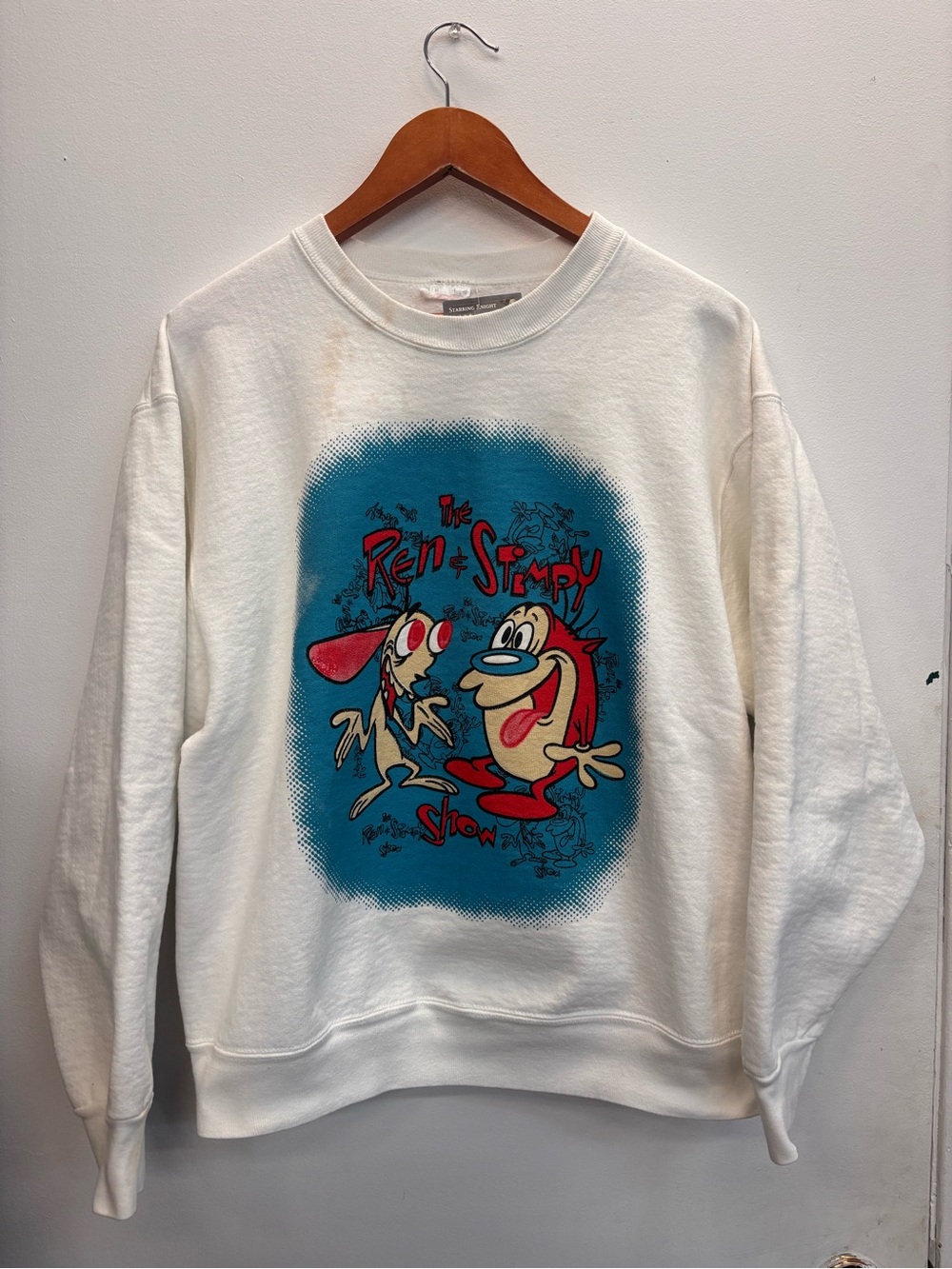 Vintage Distressed 90s Ren & Stimpy White Graphic Crewneck Sweatshirt Medium